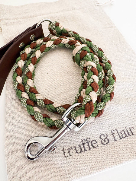 Brown/Green Braided Dog Leash - Biothane/Paracord